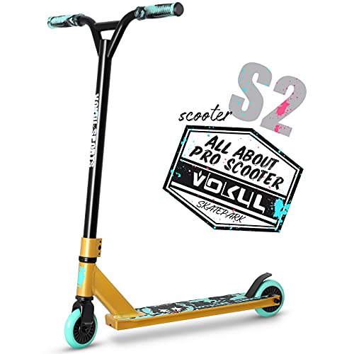 VOKUL TRII S2 Pro Stunt Scooter - Freestyle Tricks Stuntscooter Roller mit 100mm Rädern - mit 360 Grad schwenkbare Chromoly Lenker für 8+ Kinder & Erwachsene Trickscooter (Gold&Blau)