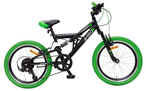 Amigo Fun Ride - Mountainbike für Jungen und Mädchen - MTB für Kinder 20 Zoll - mit 7-Gang und geeignet ab 120 cm - mit Handbremse, Vollfederung und fahrradständer - Schwarz/Grün