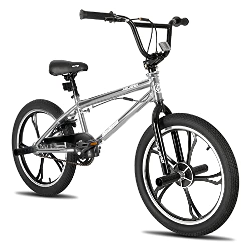 Hiland 20 Zoll 5 Speichen Kinder BMX Fahrrad für Jungen Mädchen ab 7 8 9 10 Jahre alt, 360 Grad Rotor Freestyle, 4 Pegs Single Speed Kinder BMX Fahrrad Silber