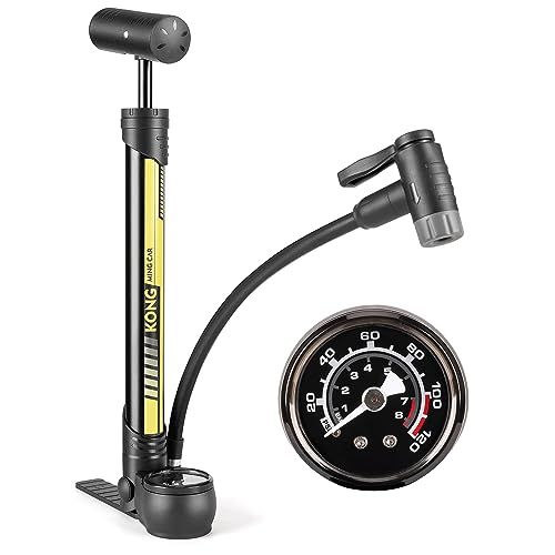 Fahrradpumpe mit PSI-Messgerät, tragbare Fahrradreifenpumpe, 120 PSI, passend für Presta- und Schrader-Ventil, Rennradpumpe mit Halterung (Schwarz / Gelb)