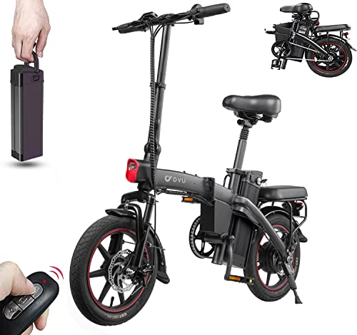 DYU Elektrofahrrad,14 Zoll E-Bike Klappbar mit LED-Display,25Km/h Tragbares E-Bike mit Kabelloser Schlüssel,48V 7.5Ah Abnehmbarer Akku,Falt-Pedelec mit Stoßdämpfer für Herren und Damen