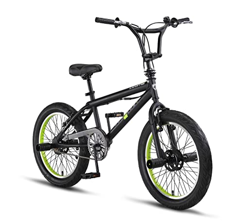 Licorne Bike Jump Plus Premium BMX 360° Rotor-System, 4 Stahl Pegs, Kettenschutz, Freilauf (Schwarz/Lime, Freestyle-Fatbike)