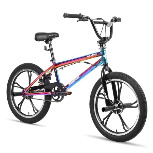 Hiland 20 Zoll 5 Speichen Kinder BMX Fahrrad für Jungen Mädchen ab 7-13 Jahre alt, 360 Grad Rotor Freestyle, 4 Pegs Kinder BMX Fahrrad, Regenbogen