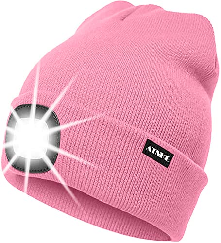 ATNKE LED Beleuchtete Mütze,Wiederaufladbare USB Laufmütze mit Licht Extrem Heller 4 LED Lampe Winter Warme Stirnlampe für Herren und Damen Geschenke/Rosa